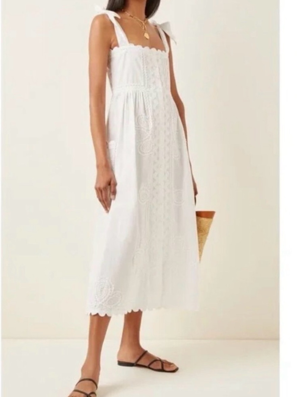 Juliet Dunn White Eyelet Tie-Strap Midi Dress